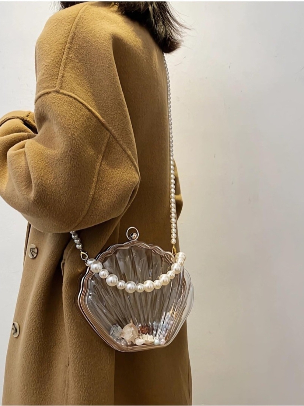 Pearl Handle Shell Clutch Crossbody Bag – Clear with Gold Trim